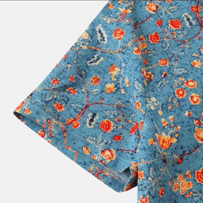 Men's short-sleeve shirt – Relaxed fit – Mao collar – Floral print – Breathable fabric