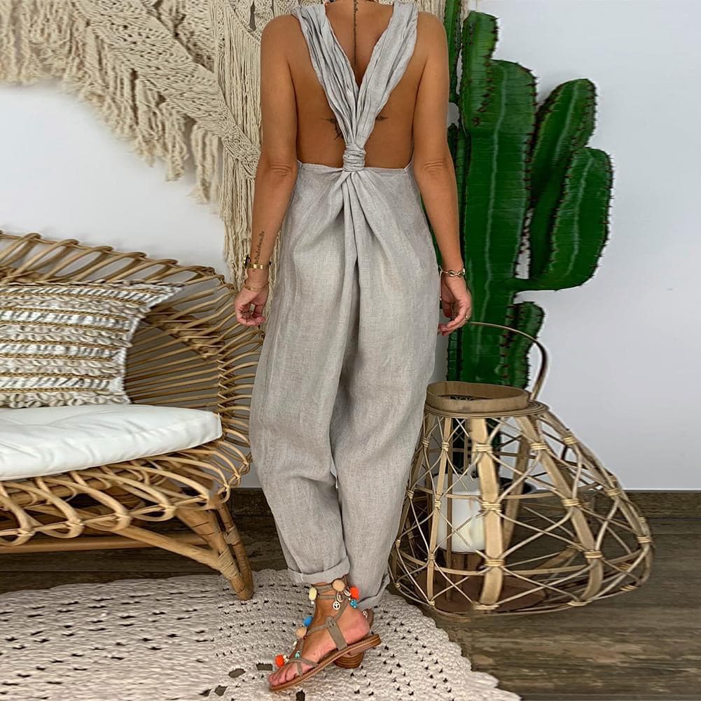 Women's jumpsuit – Loose fit – Natural fibers – Backless – Tied straps