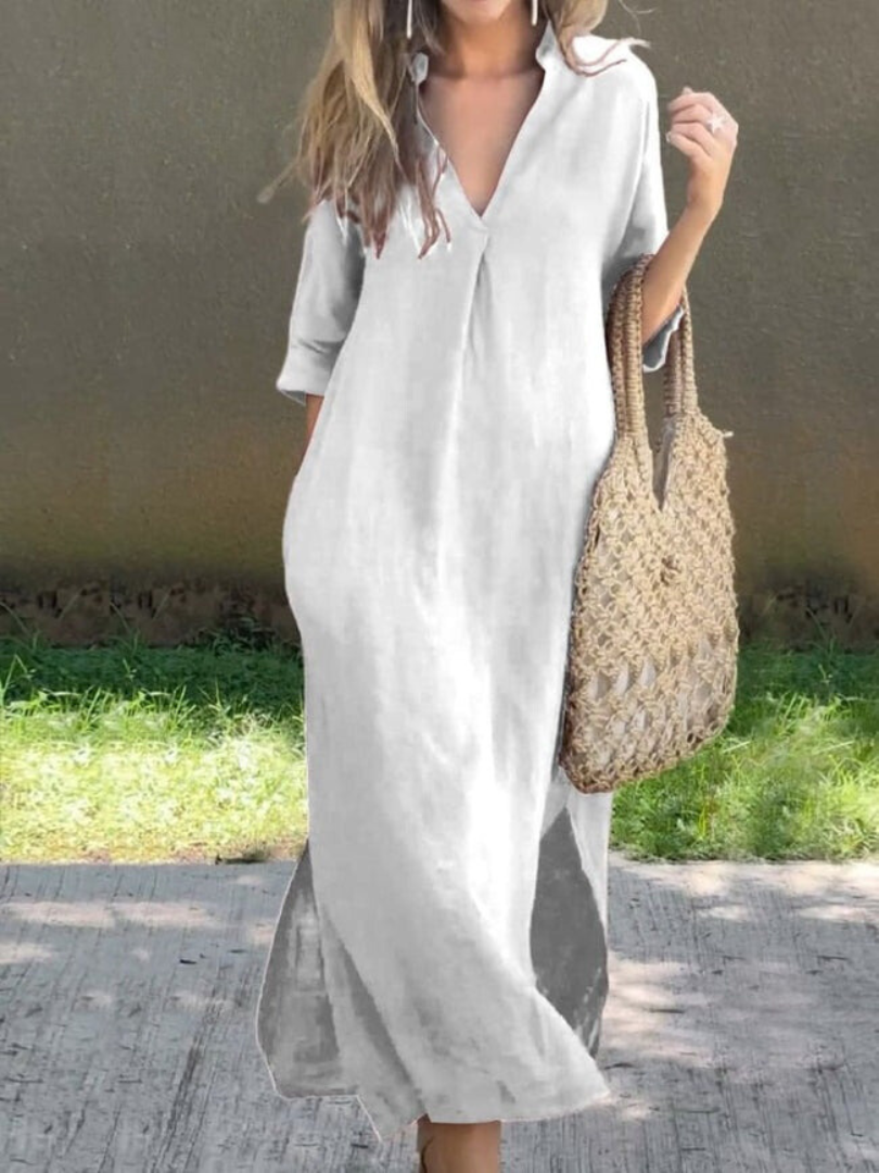 Robe midi femme – Coupe ample – Col en V – Manches mi-longues – Tissu coton respirant