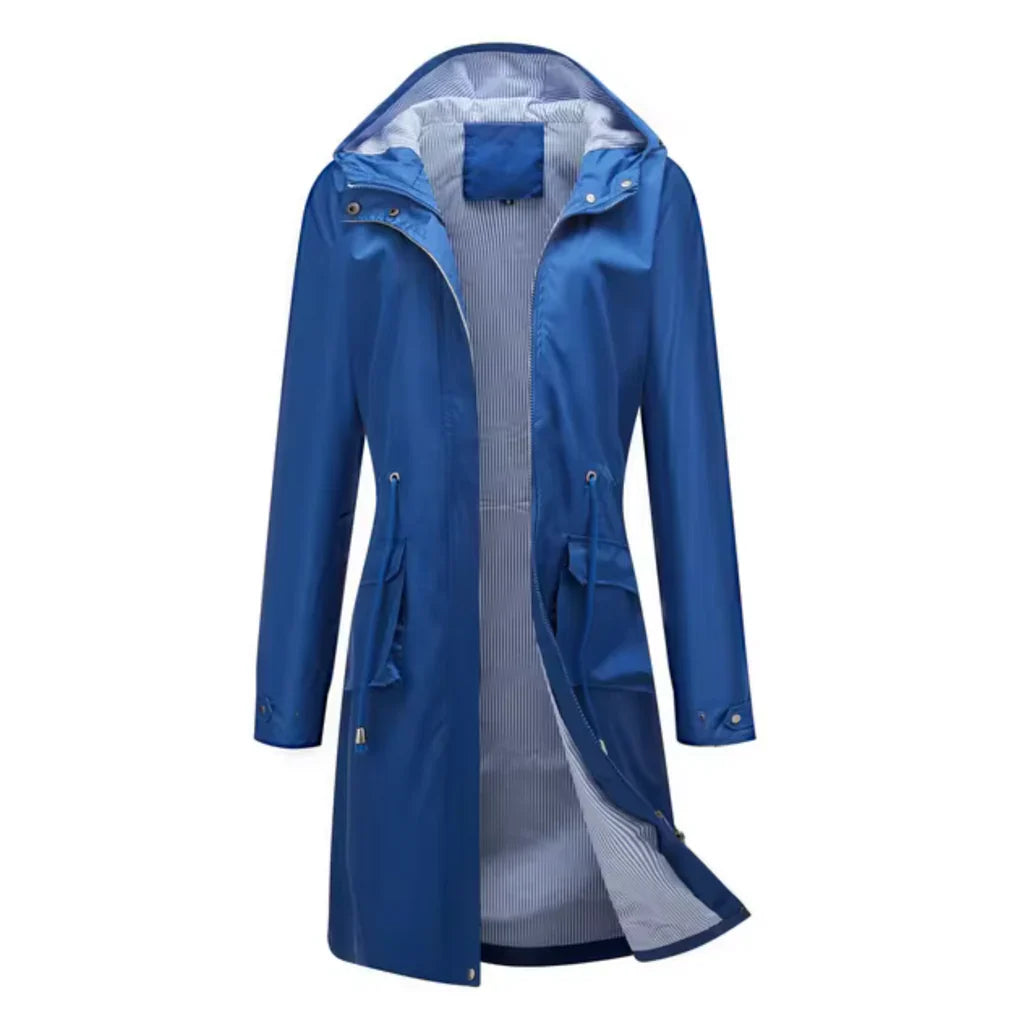 Women's long jacket – relaxed fit – water-repellent – adjustable waist – hood