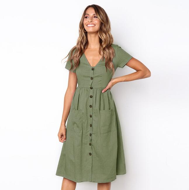 Women's midi dress – Relaxed fit – Breathable fabric – Short sleeves – Buttoned