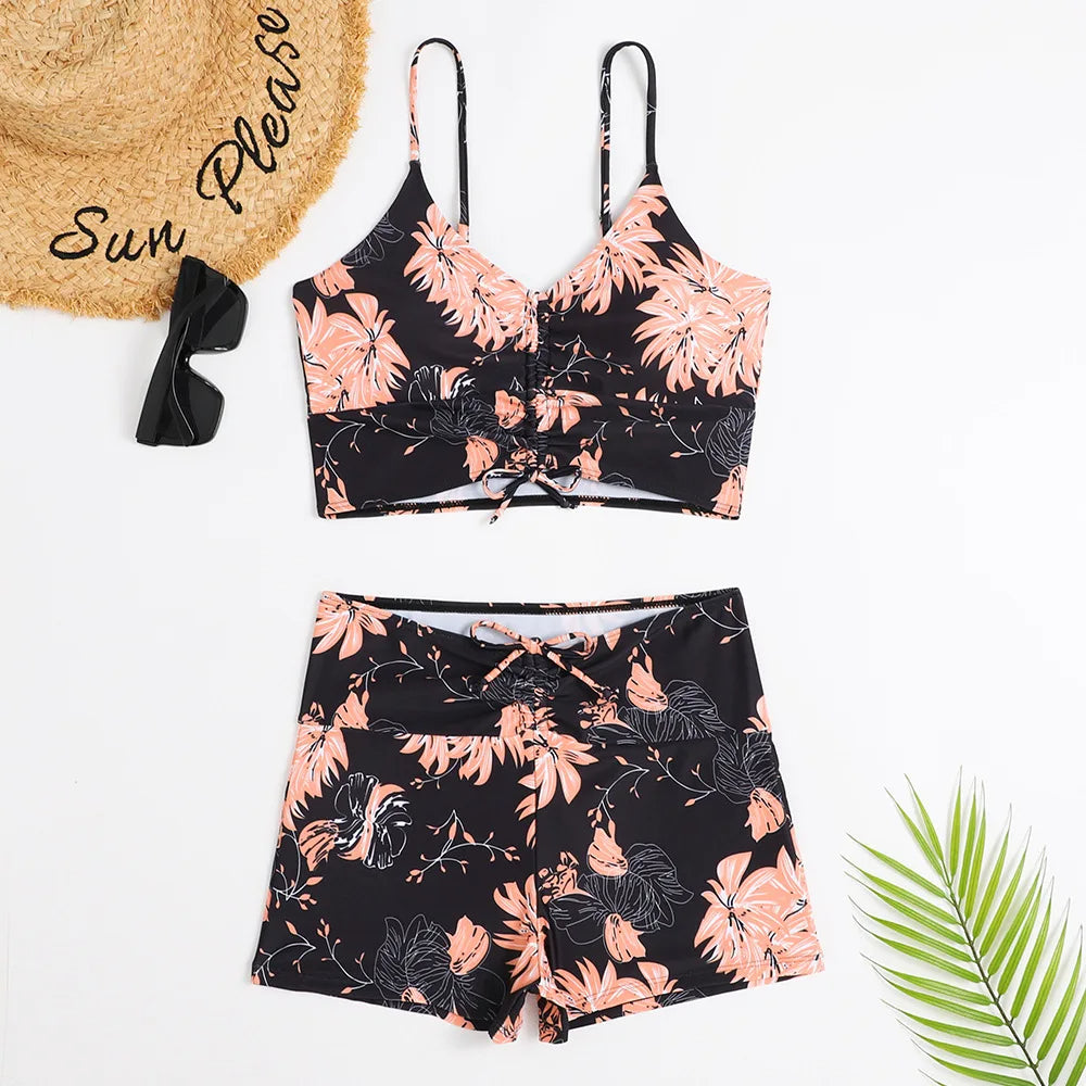 Women's bikini set – Ruched bralette with thin straps – High waist – Breathable stretch fabric