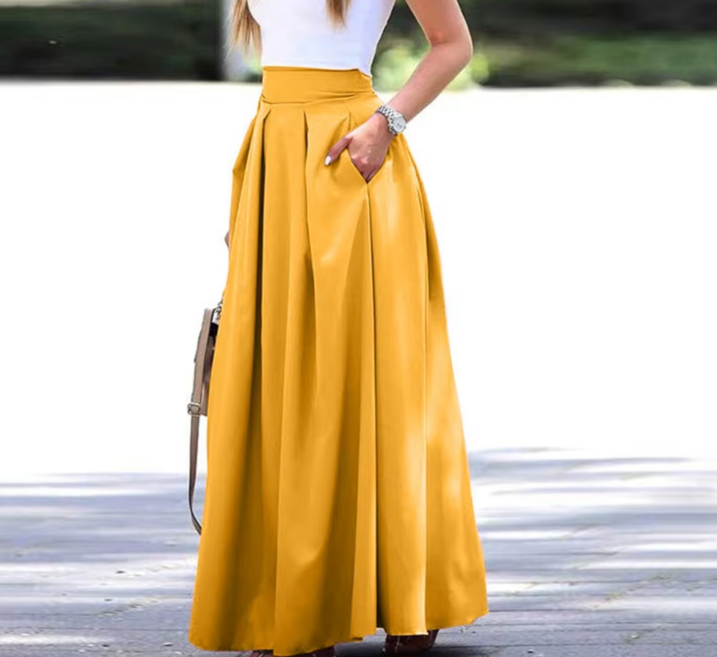 Jupe longue femme – Taille haute – Coupe fluide – Tissu respirant – Plissé élégant