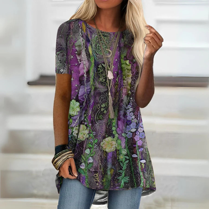 Blouse femme – Coupe décontractée – Manches courtes – Motifs artistiques