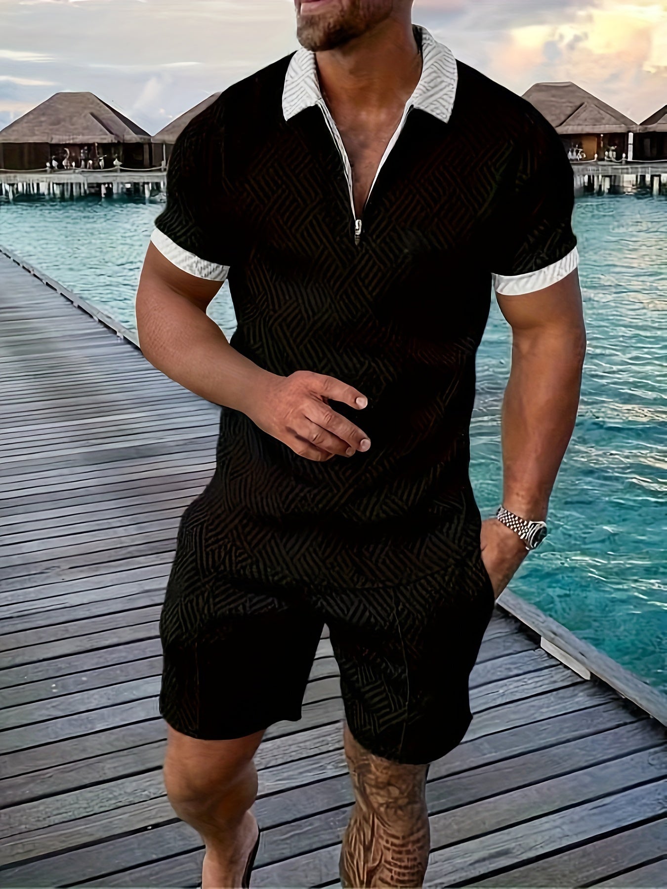 Men's short set – Relaxed fit – Zipper closure – Geometric pattern – Breathable fabric