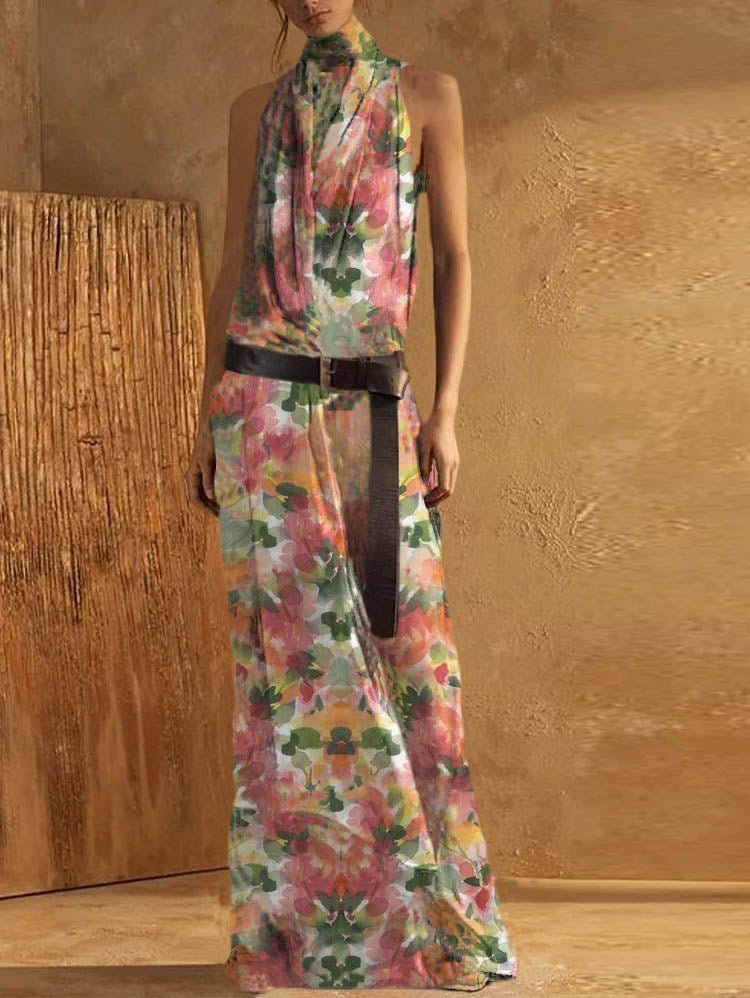 Robe maxi femme – Col montant – Sans manches – Ceinture intégrée