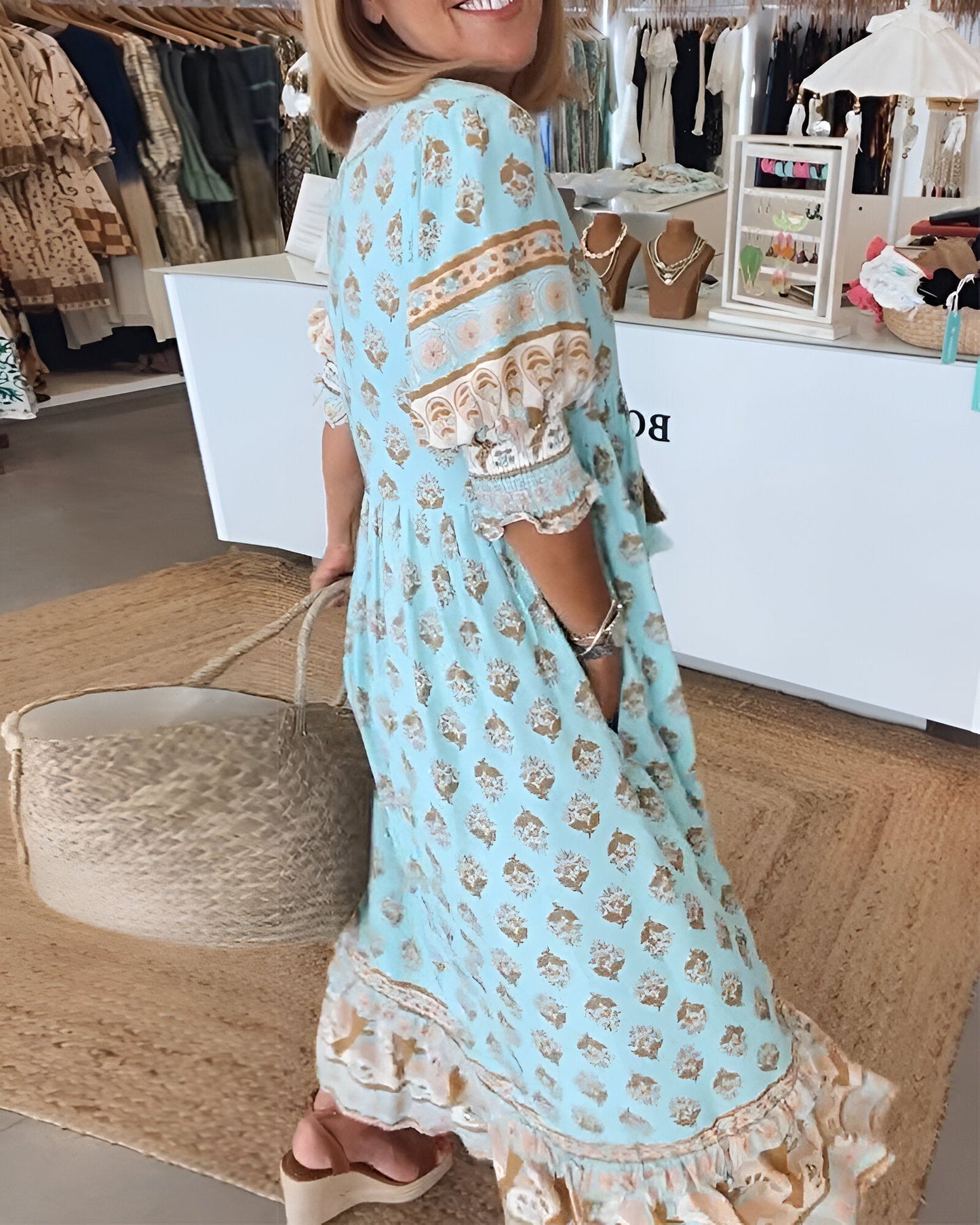 Women's long dress – Natural fibers – Fluid cut – Bohemian floral pattern – V-neck