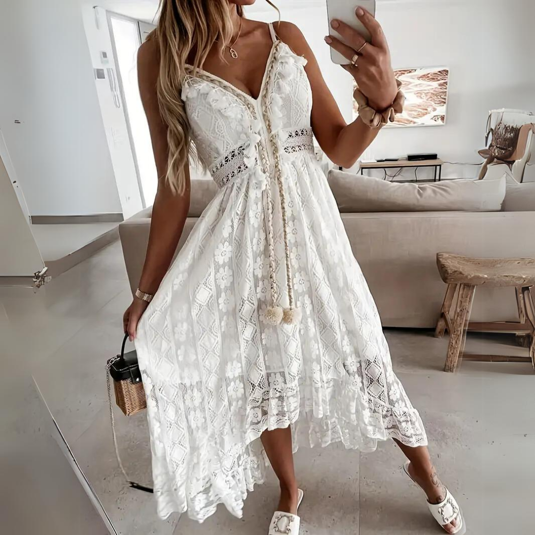 Women's midi dress – Fluid cut – Thin straps – Lightweight lace – Bohemian style