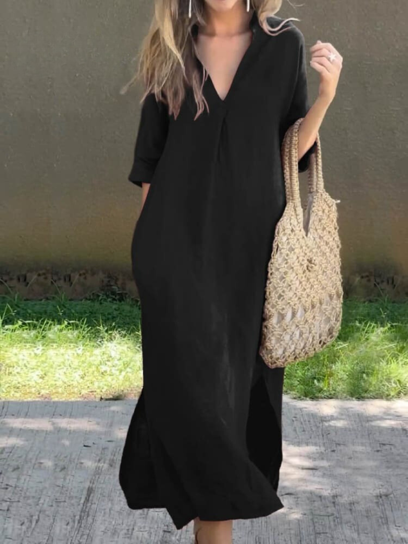 Robe midi femme – Coupe ample – Col en V – Manches mi-longues – Tissu coton respirant