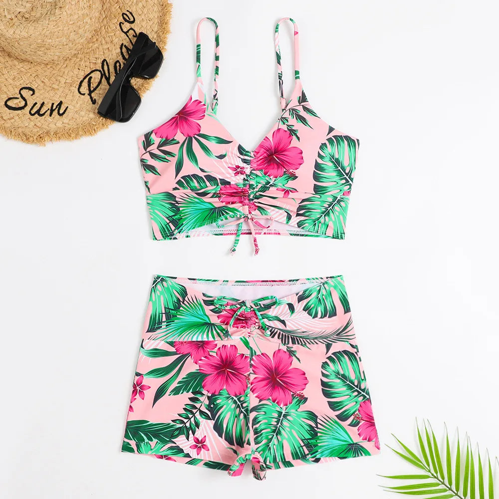 Women's bikini set – Ruched bralette with thin straps – High waist – Breathable stretch fabric