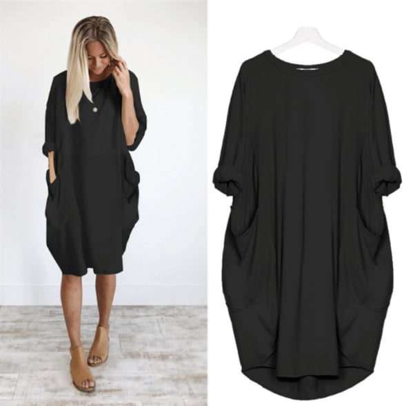 Women's Midi Dress – Loose Fit – Breathable Fabric – Round Neck – Side Pockets