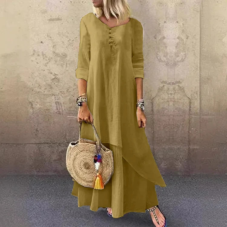 Women's Midi Dress – Loose Fit – Natural Fibers – 3/4 Sleeves – Asymmetrical Skirt
