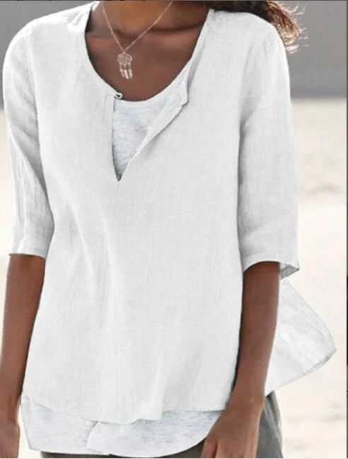 Women's Blouse – Loose Fit – Mid-Length Sleeves – Breathable Natural Fibers