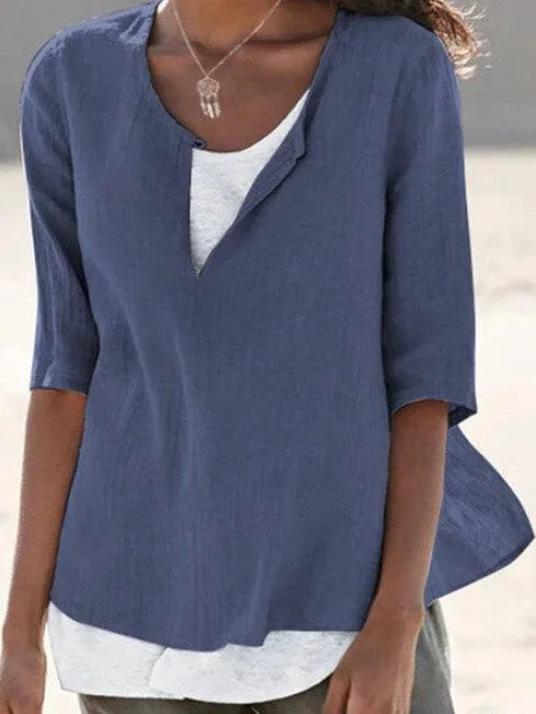Women's Blouse – Loose Fit – Mid-Length Sleeves – Breathable Natural Fibers