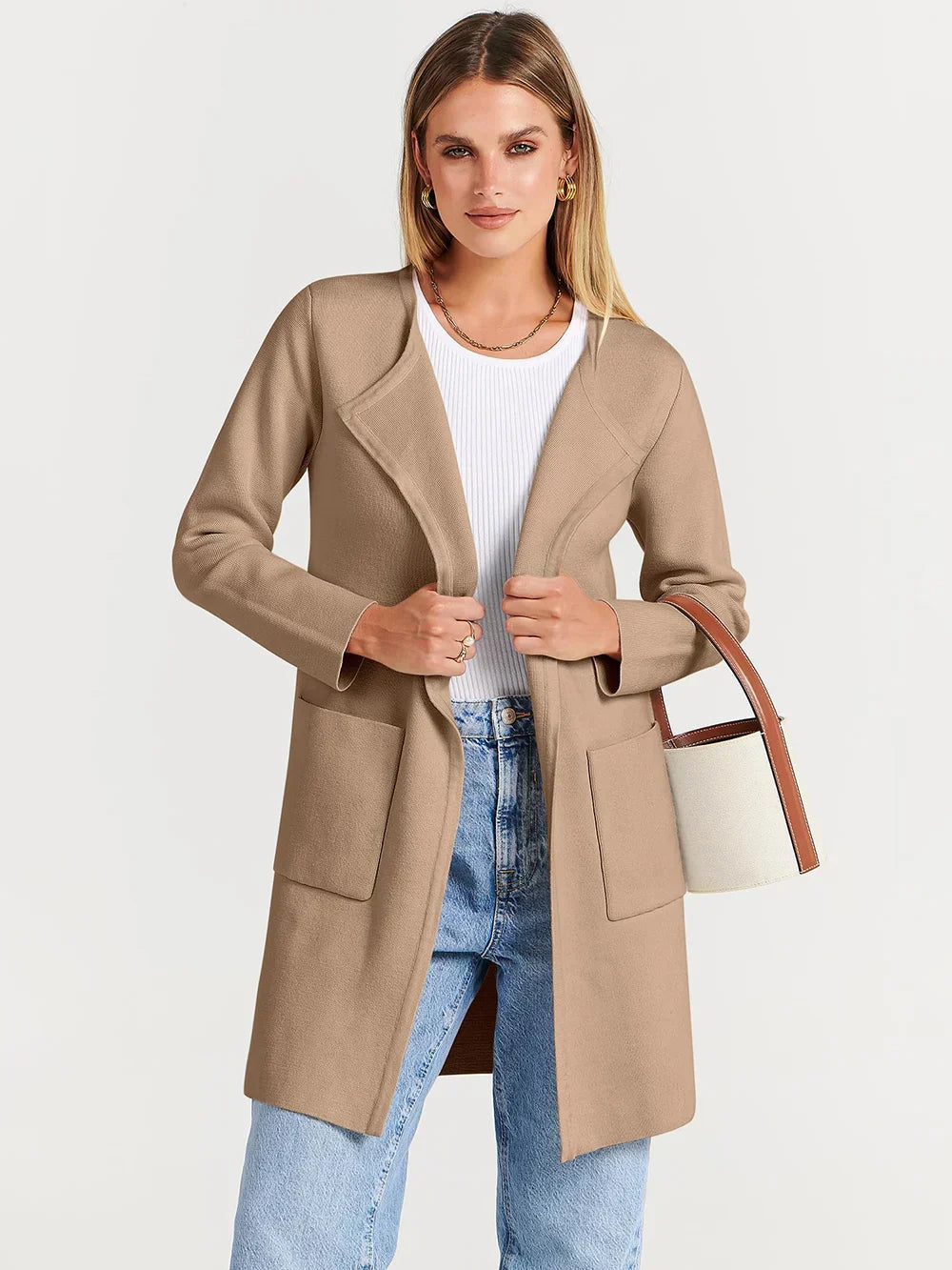 Manteau femme mi-long – Laine mélangée – Coupe droite – Col large – Style épuré