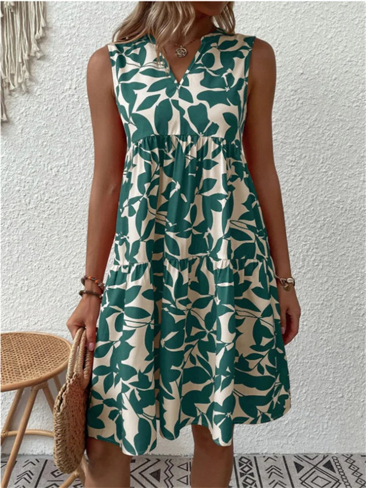 Robe femme sans manches – Encolure en V – Coupe ample – Motif feuillage – Longueur genou