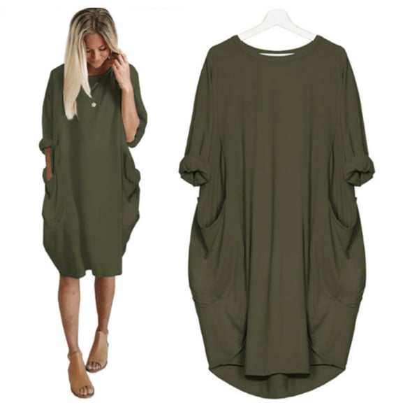 Women's Midi Dress – Loose Fit – Breathable Fabric – Round Neck – Side Pockets
