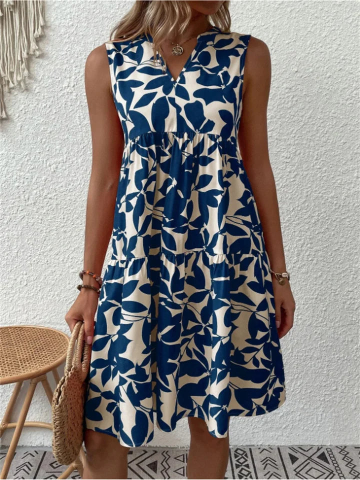 Robe femme sans manches – Encolure en V – Coupe ample – Motif feuillage – Longueur genou