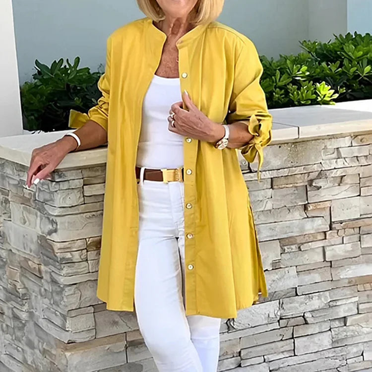 Women's long shirt – Relaxed fit – Full button front – Side slits – Breathable fabric