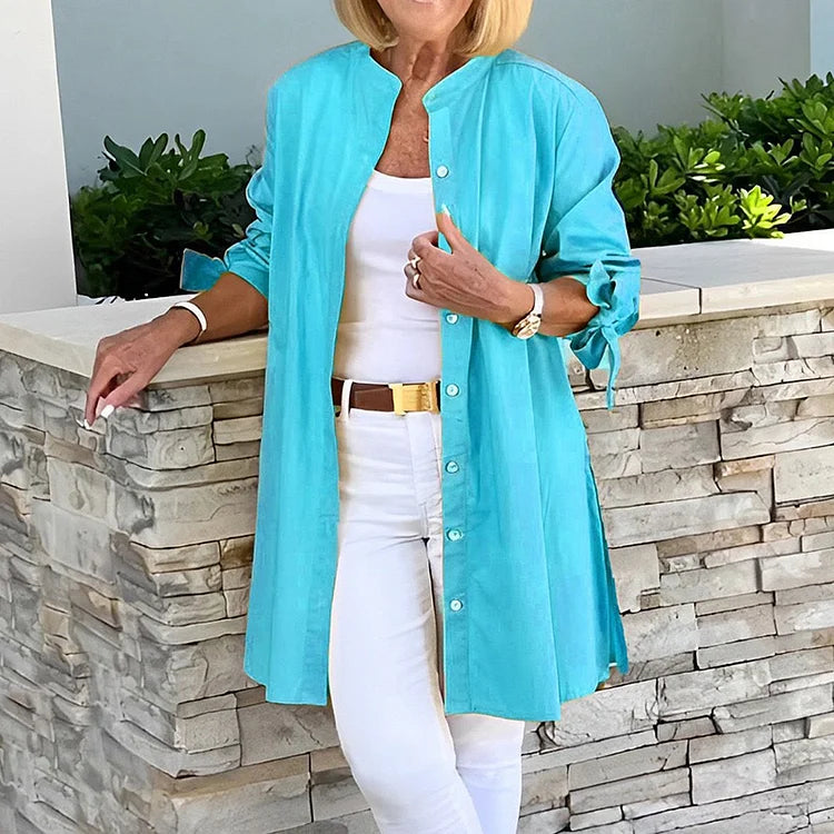 Women's long shirt – Relaxed fit – Full button front – Side slits – Breathable fabric