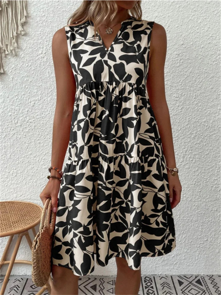 Robe femme sans manches – Encolure en V – Coupe ample – Motif feuillage – Longueur genou