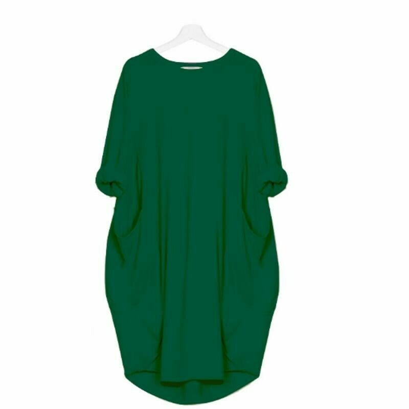 Women's Midi Dress – Loose Fit – Breathable Fabric – Round Neck – Side Pockets