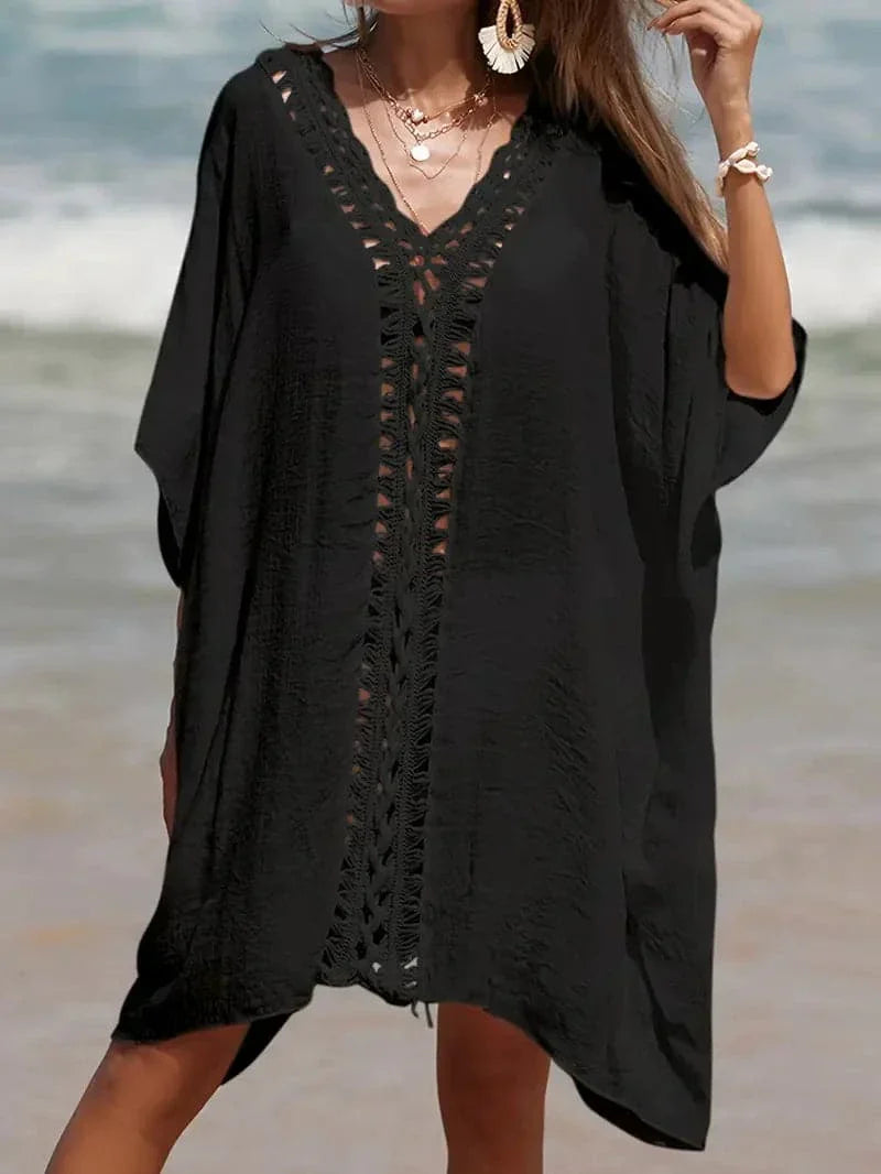 Women's kimono – Fluid cut – Natural fibers – Short sleeves – V-neck lace