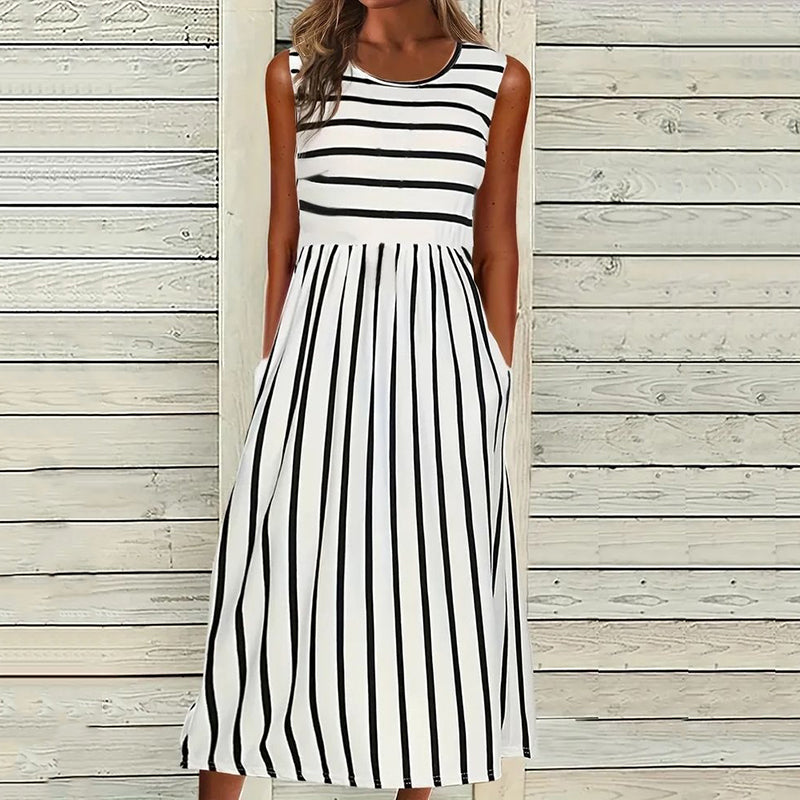 Robe midi débardeur femme – Coupe décontractée – Rayures – Fibres naturelles respirantes