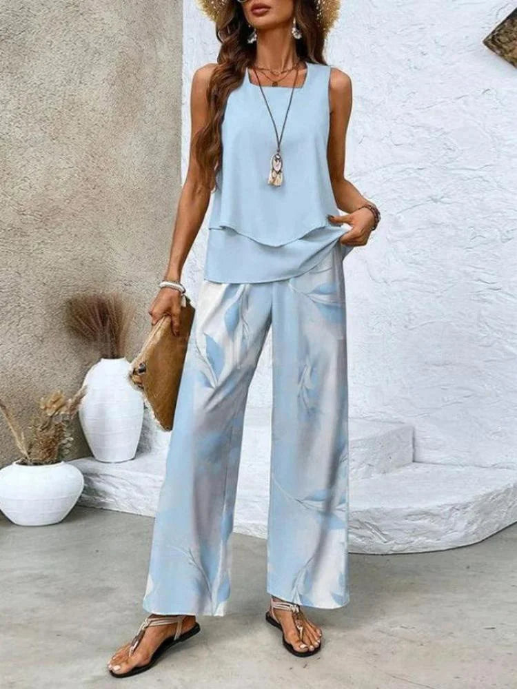 Women's Set – Sleeveless Top and Wide Leg Pants – Relaxed Fit – Breathable Fabric