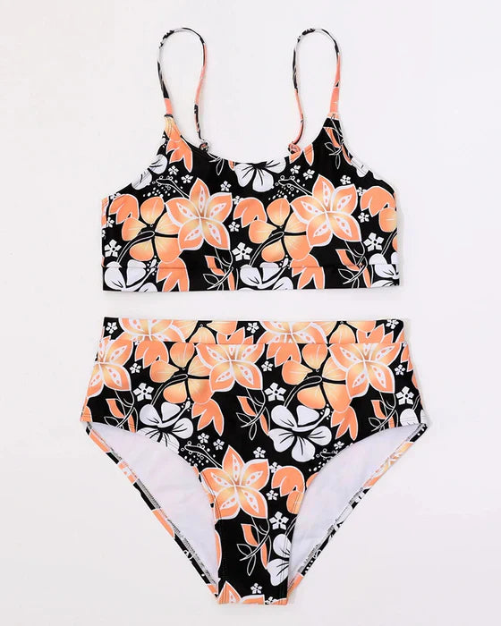 Women's two-piece swimsuit – High waist – Tank top – Floral print – Breathable fabric