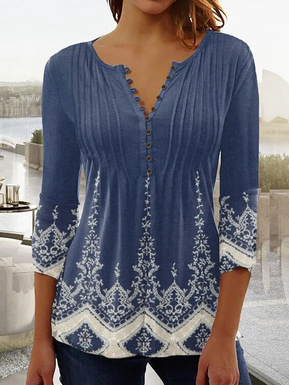 Haut femme – Coupe décontractée – Imprimé fleuri – Manches 3/4 – Tissu respirant