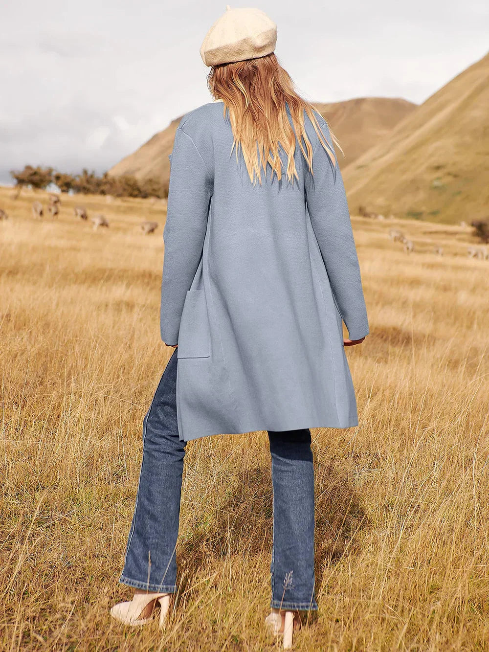 Manteau femme mi-long – Laine mélangée – Coupe droite – Col large – Style épuré