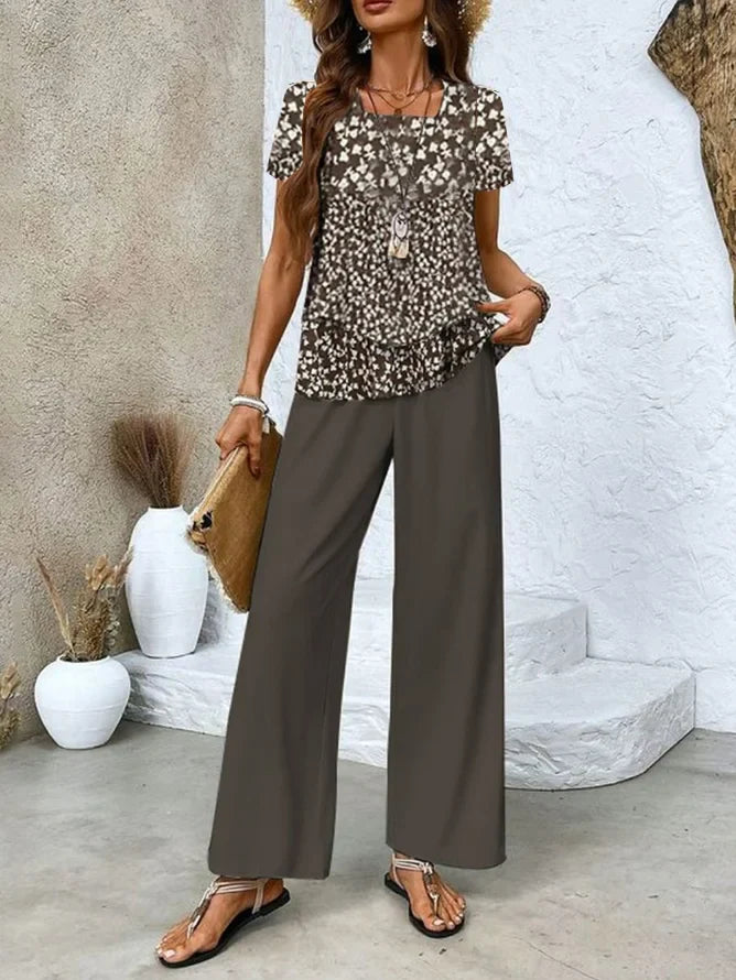 Ensemble Femme – Haut Sans Manches Superposé – Pantalon Large Imprimé Fluides