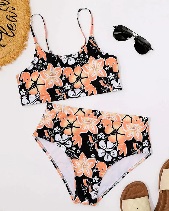 Women's two-piece swimsuit – High waist – Tank top – Floral print – Breathable fabric