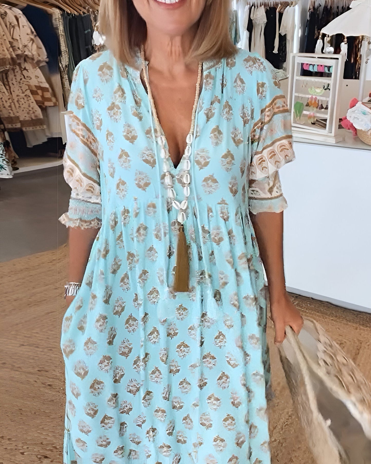 Women's long dress – Natural fibers – Fluid cut – Bohemian floral pattern – V-neck