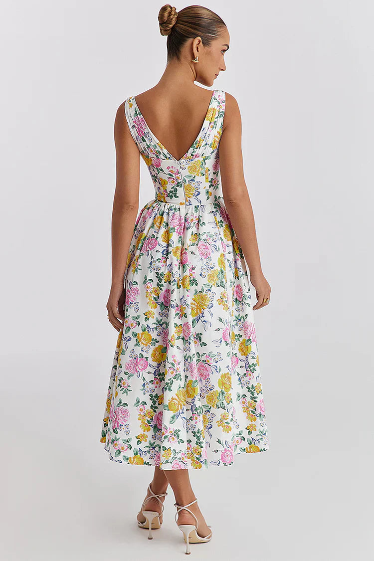 Robe midi femme – Tissu respirant – Bustier ajusté – Sans manches – Motif fleuri