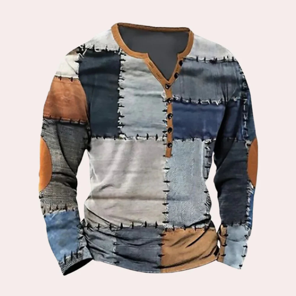 Men's shirt – Relaxed fit – Long sleeves – Henley collar – Soft knit – Patchwork pattern