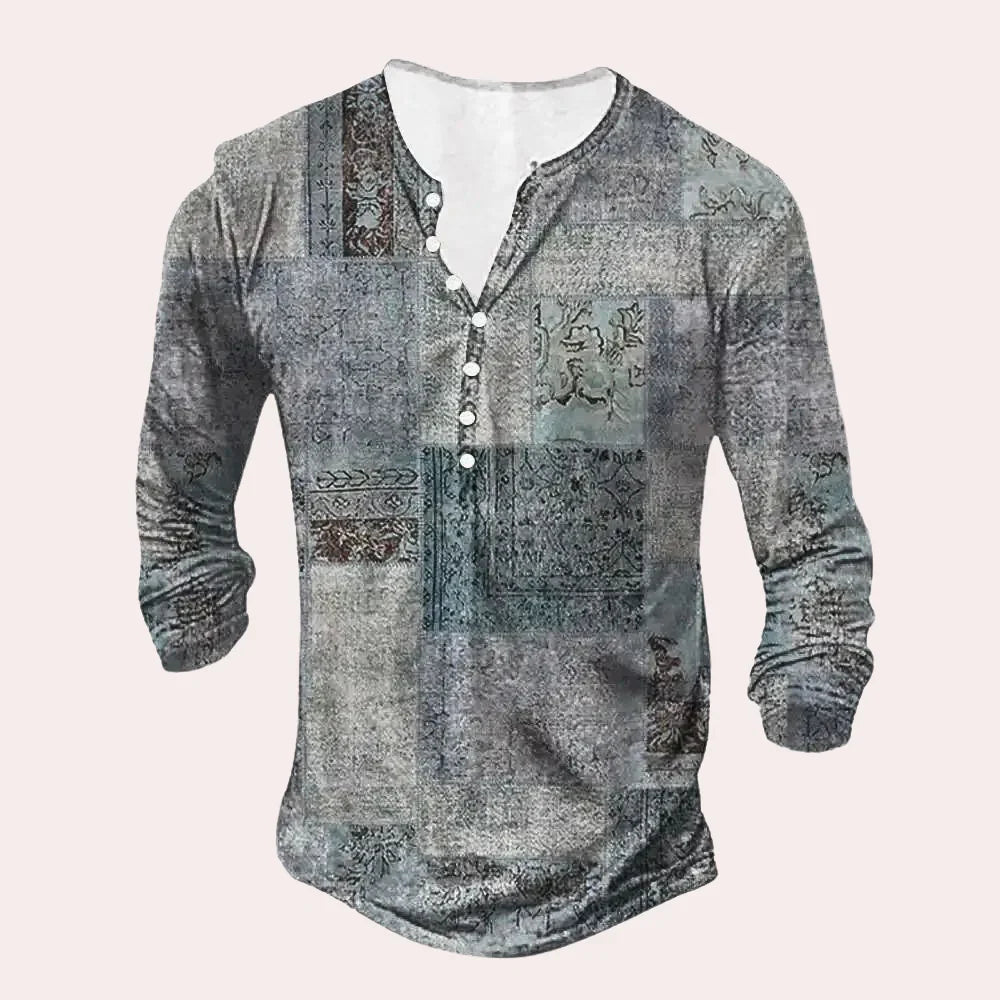 Men's shirt – Relaxed fit – Long sleeves – Henley collar – Soft knit – Patchwork pattern