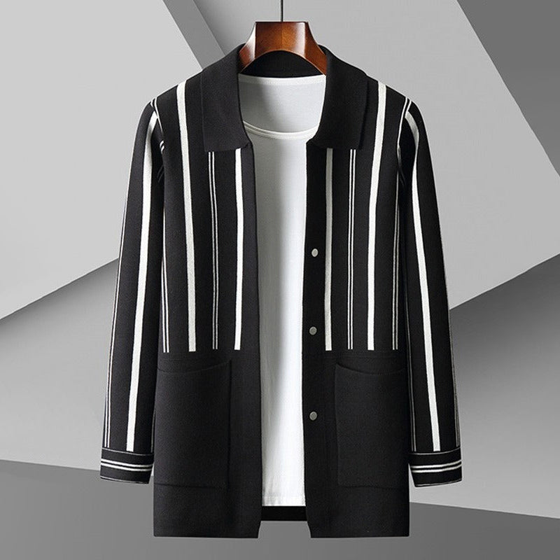 Men's cardigan – Wool knit – Relaxed fit – Striped button-up with pockets