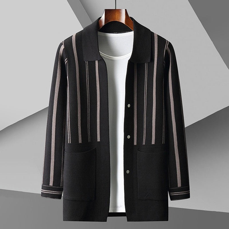 Men's cardigan – Wool knit – Relaxed fit – Striped button-up with pockets