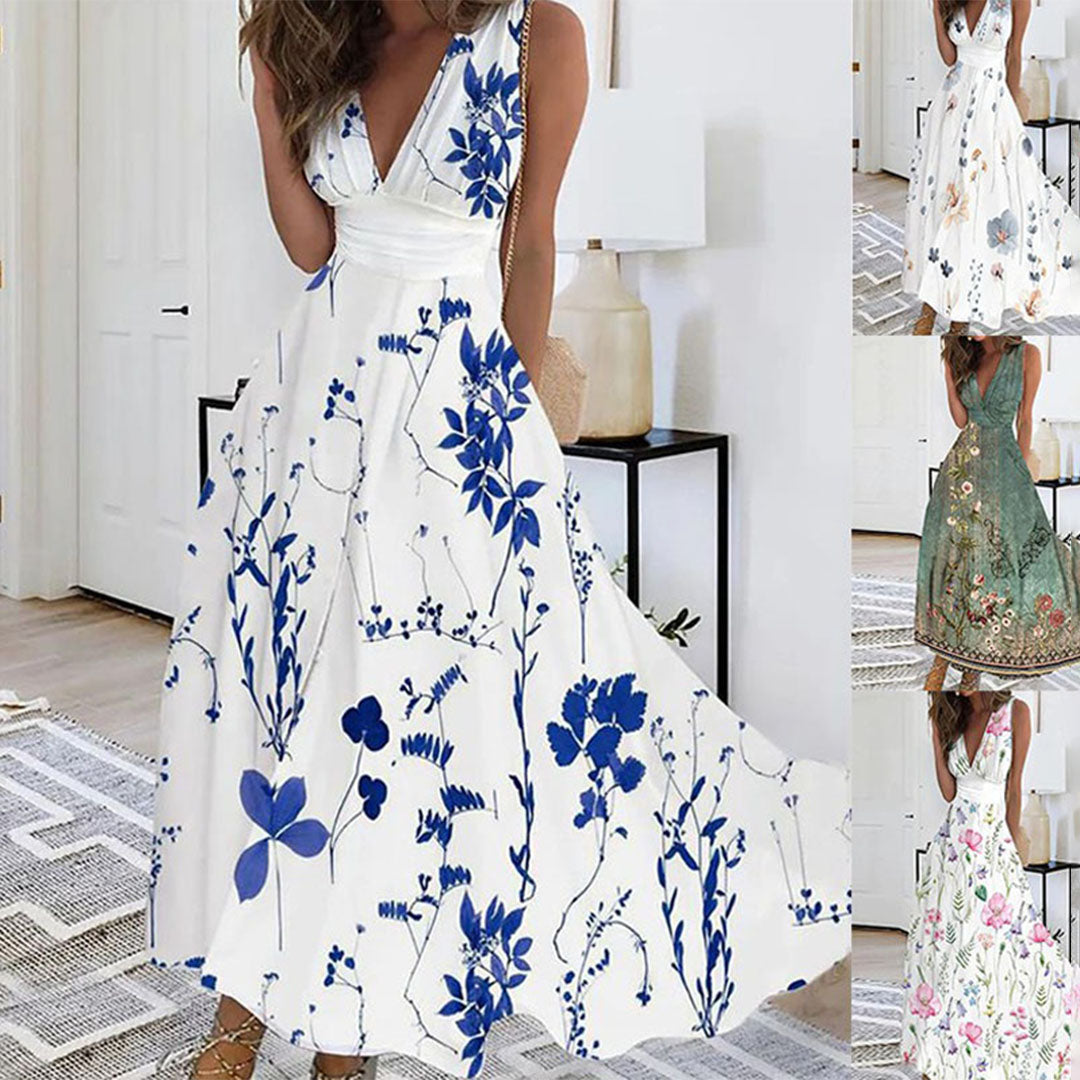 Robe longue femme – Décolleté plongeant – Sans manches – Taille cintrée fluide