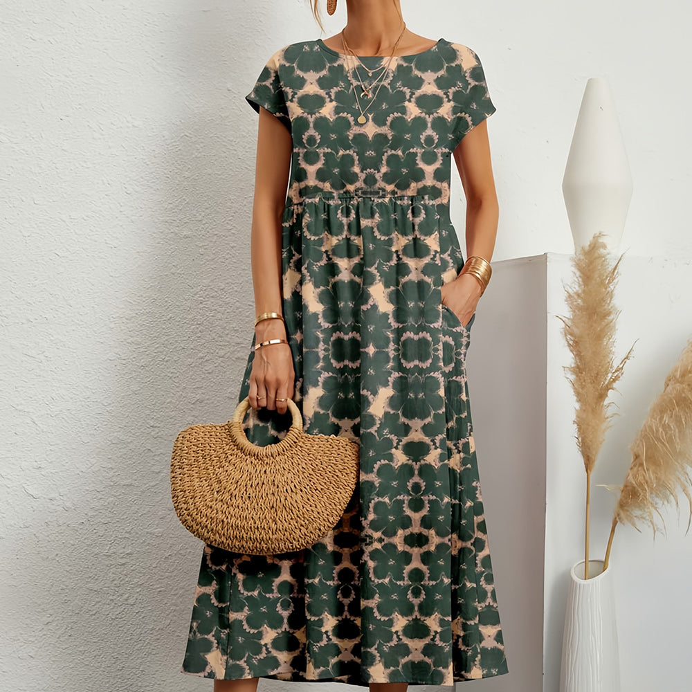 Robe midi femme – Linnen coton – Coupe ample – Manches courtes – Imprimé floral