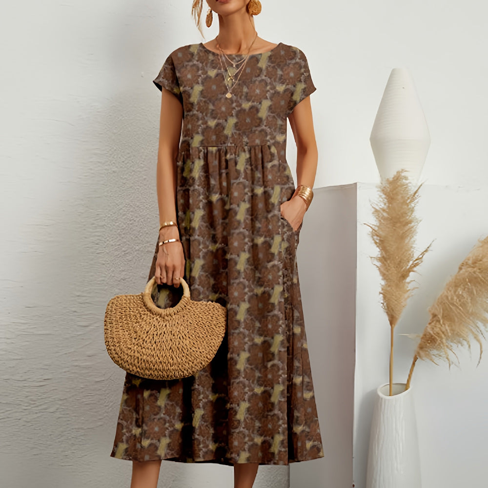 Robe midi femme – Linnen coton – Coupe ample – Manches courtes – Imprimé floral