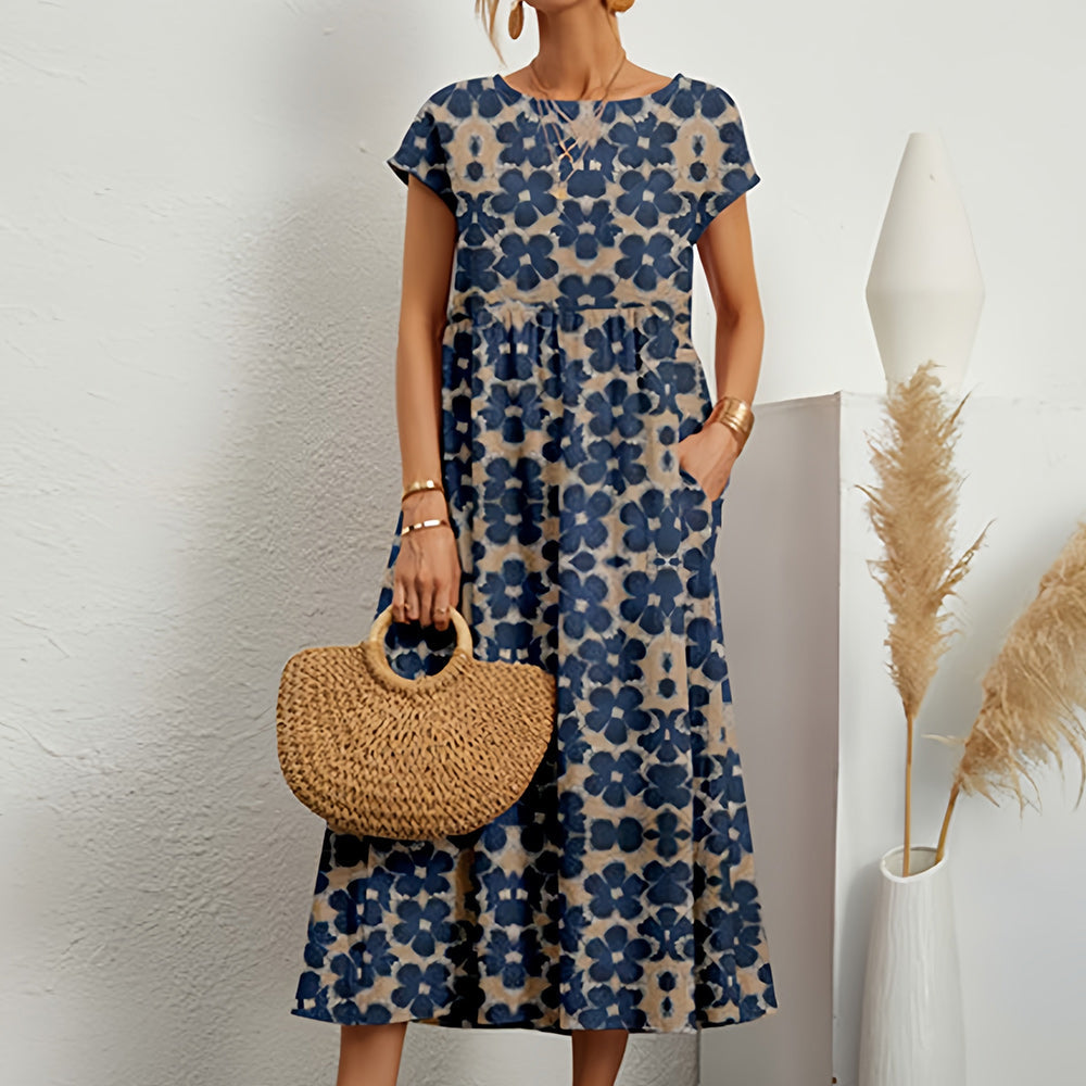 Robe midi femme – Linnen coton – Coupe ample – Manches courtes – Imprimé floral