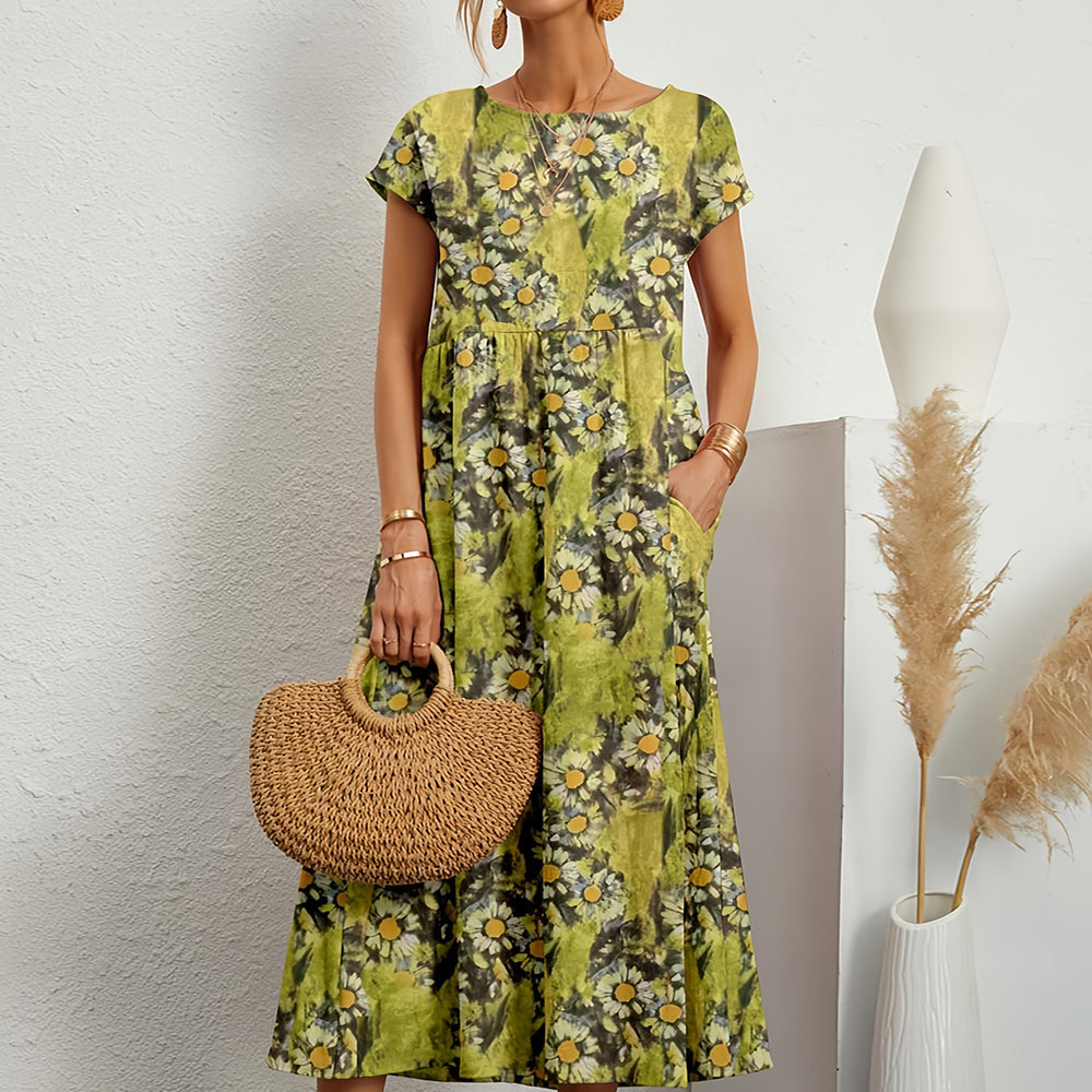 Robe midi femme – Linnen coton – Coupe ample – Manches courtes – Imprimé floral