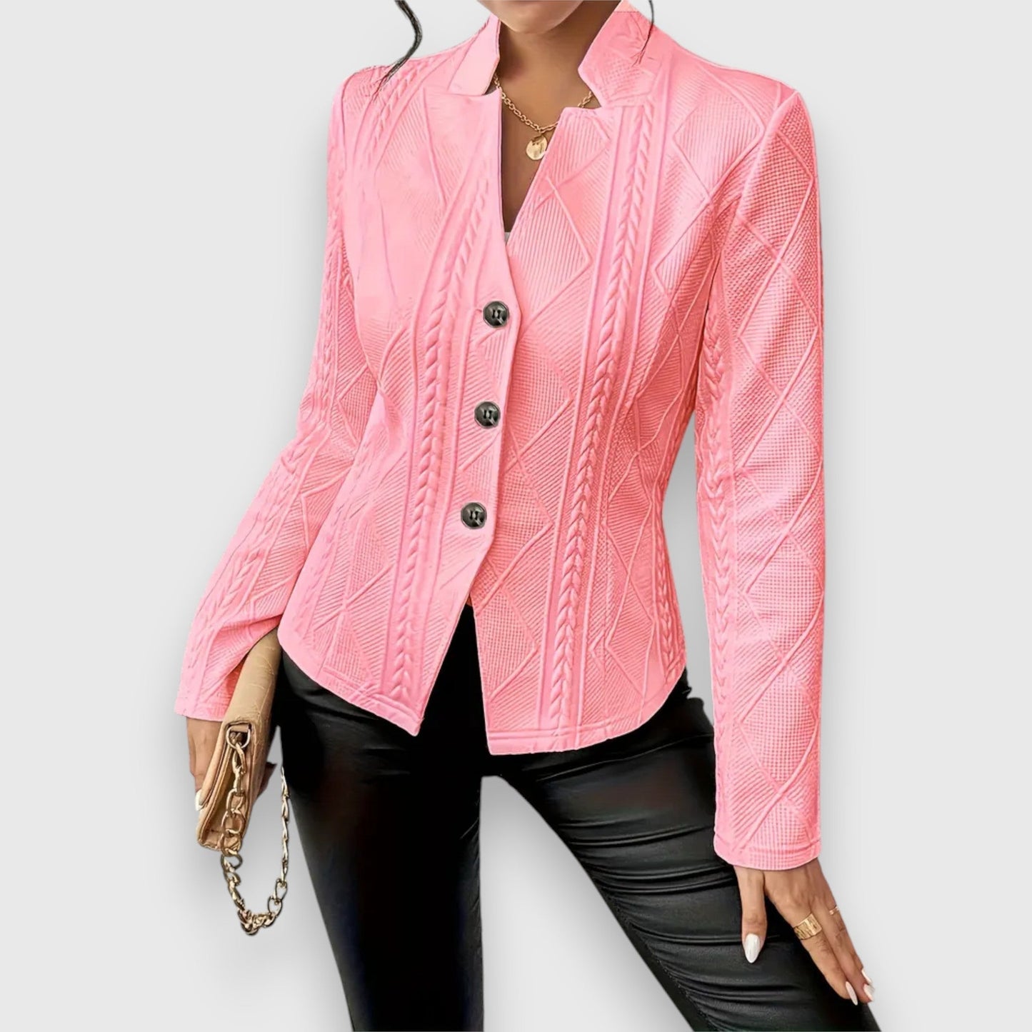 Veste femme – Coupe cintrée – Maille douce texturée – Longueur hanches – Col à revers