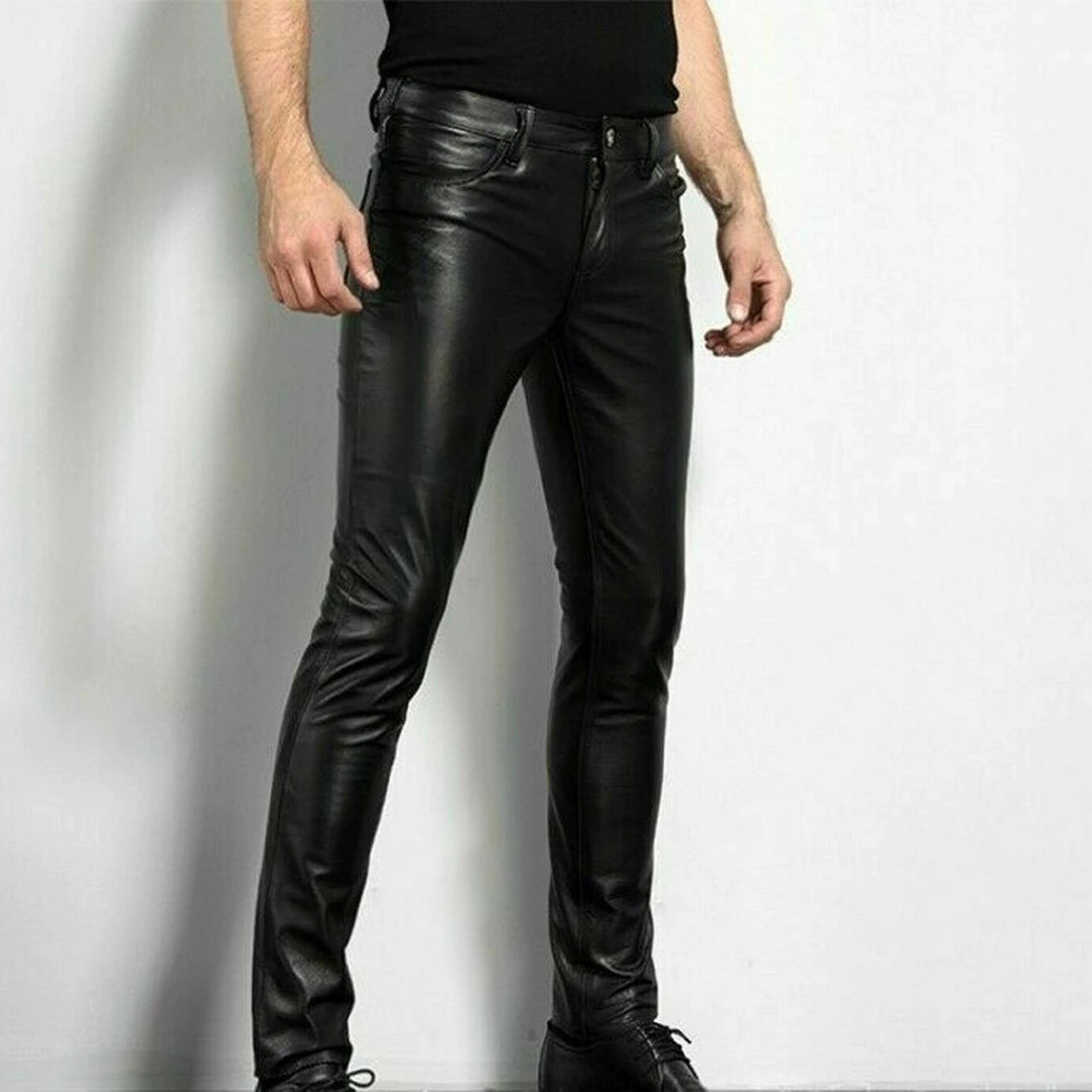 Pantalon homme slim – Similicuir élégant – Coupe ajustée – Style 5 poches – Longueur cheville