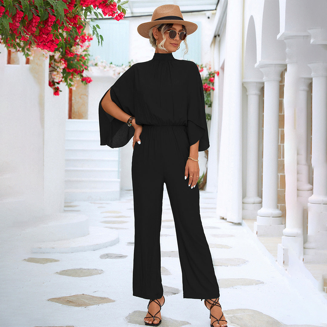 Women's Jumpsuit – Loose Fit – Breathable Fabric – Stand Collar – Cape Sleeves