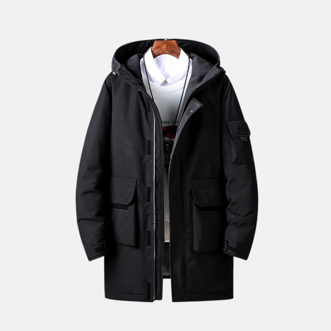 Men's Coat - Durable Woven Fabric - Relaxed Fit - Stand Collar Hood - Mid-Thigh Length