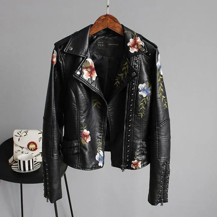 Blouson biker femme – Coupe cintrée – Broderie florale – Détails cloutés – Léger